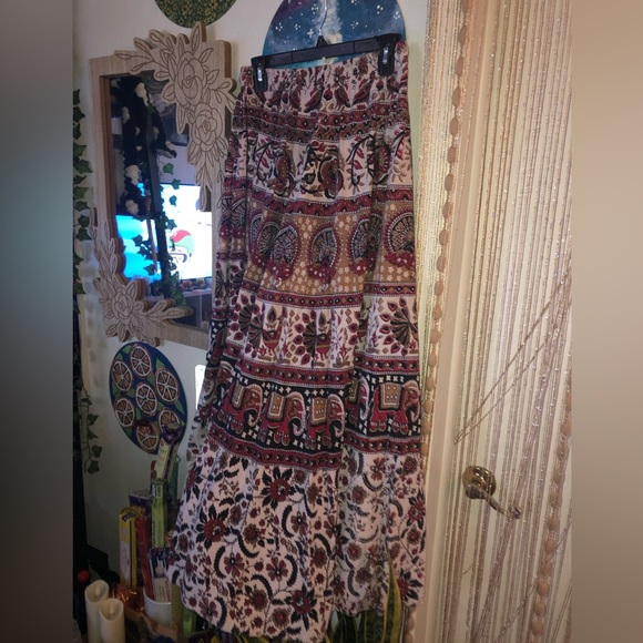 Vintage Style Boho Maxi Skirt Batik Elephant Print Adjustable Drawstring Waist - Picture 4 of 5